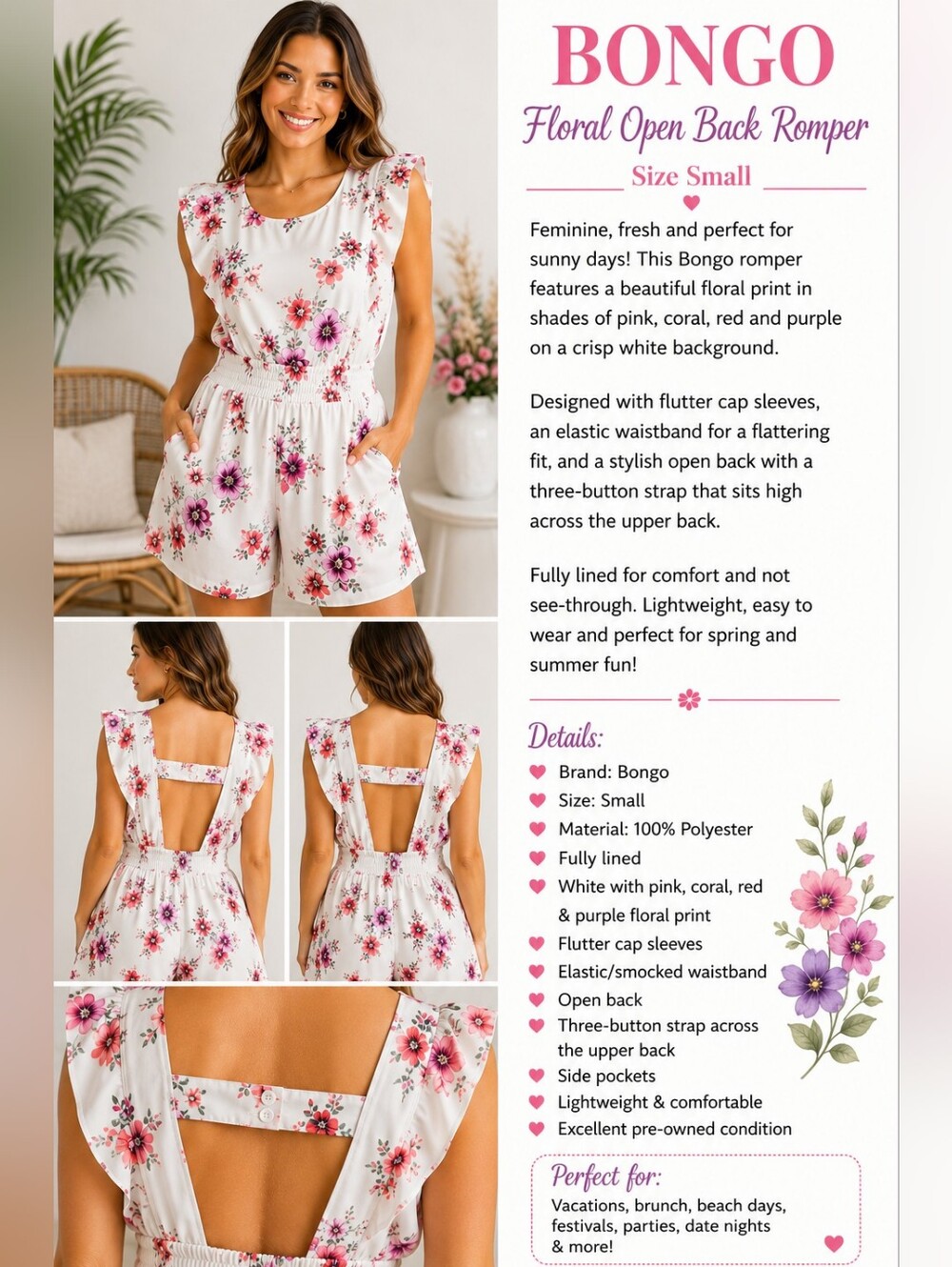 Bongo Floral Open Back Lined Romper Size Small White Pink Purple 100% Polyester